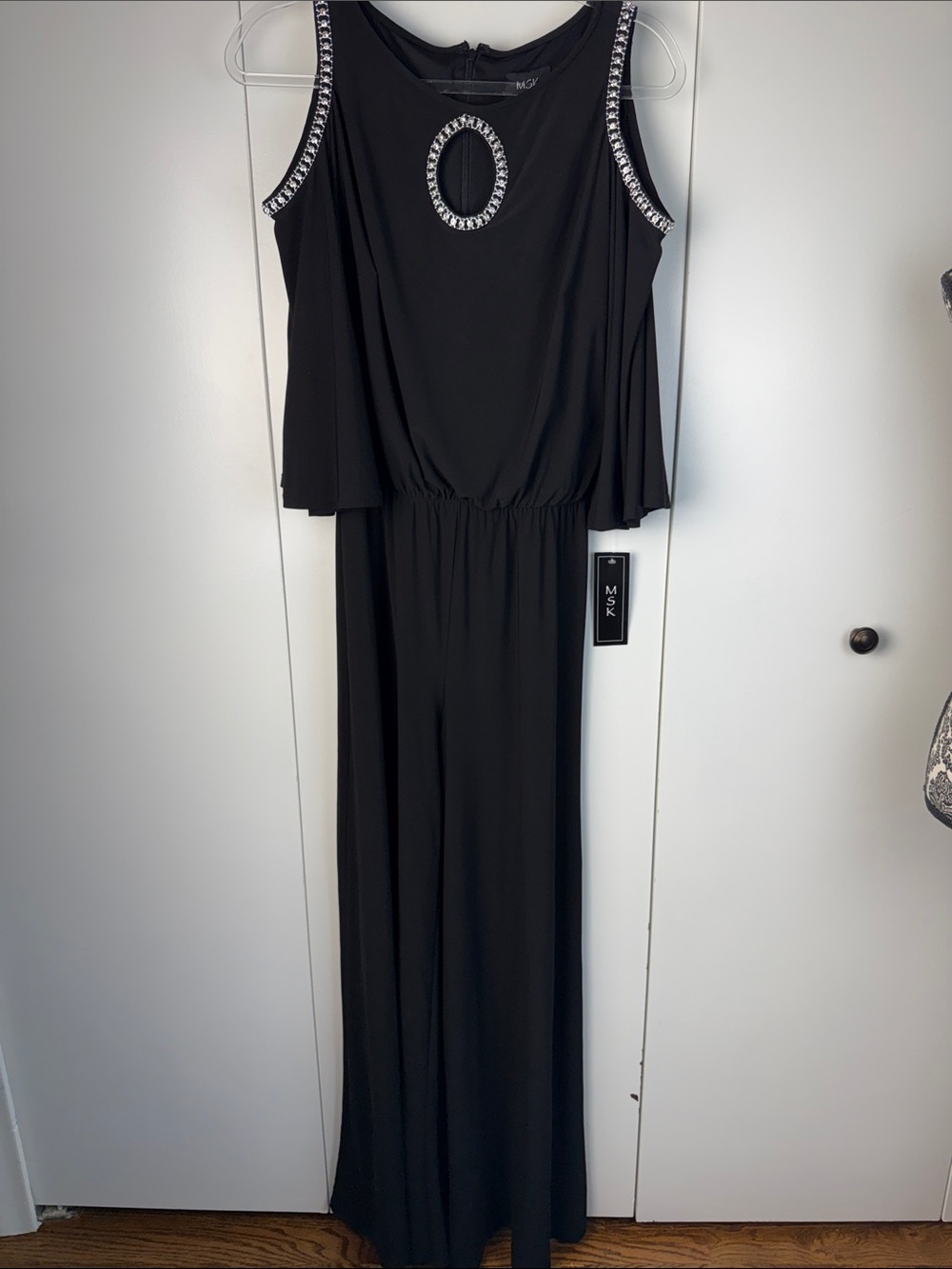 MSK Black Maxi Jumper Cold shoulder with Jeweled Trim NWT sz Medium